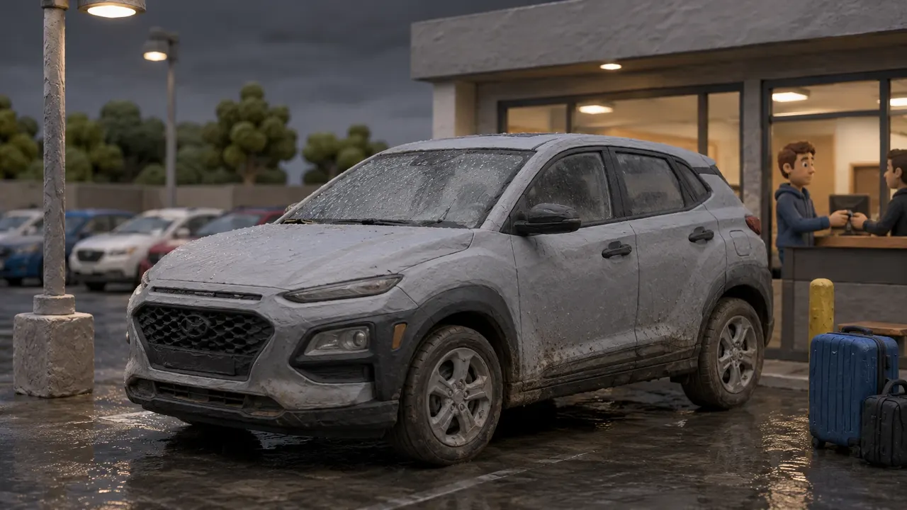 Claymation-style generic rental vehicle in rainy everyday use
