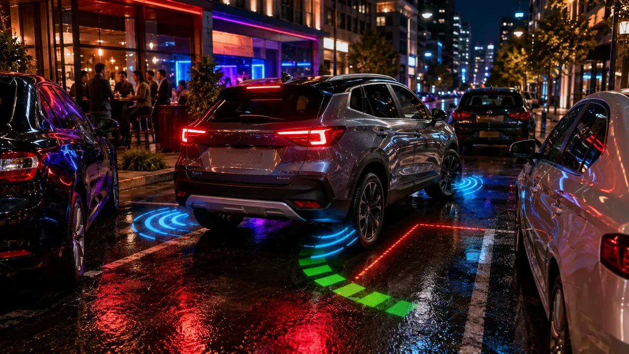 Neon night parking scene showing clearance and maneuvering checks